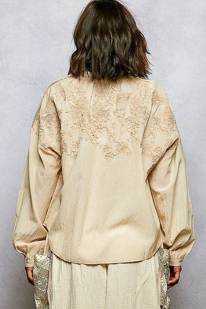 POL Embroidery Button Down Long Sleeve Washed Shirt