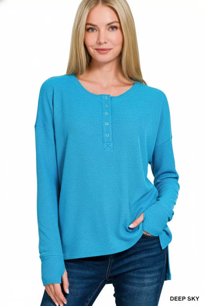 Zenana Waffle Thumb Hole Cuffs Henley Tee