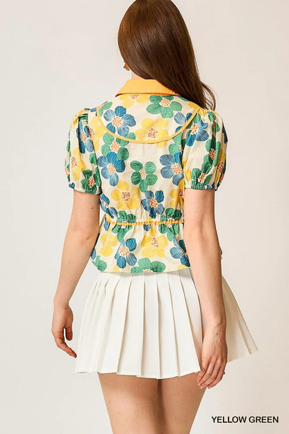Umgee Floral Print Puff Sleeve Cropped Blouse