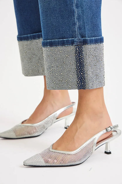 RISEN High Rise Ankle Wide Rhine Stone Cuffed Jeans