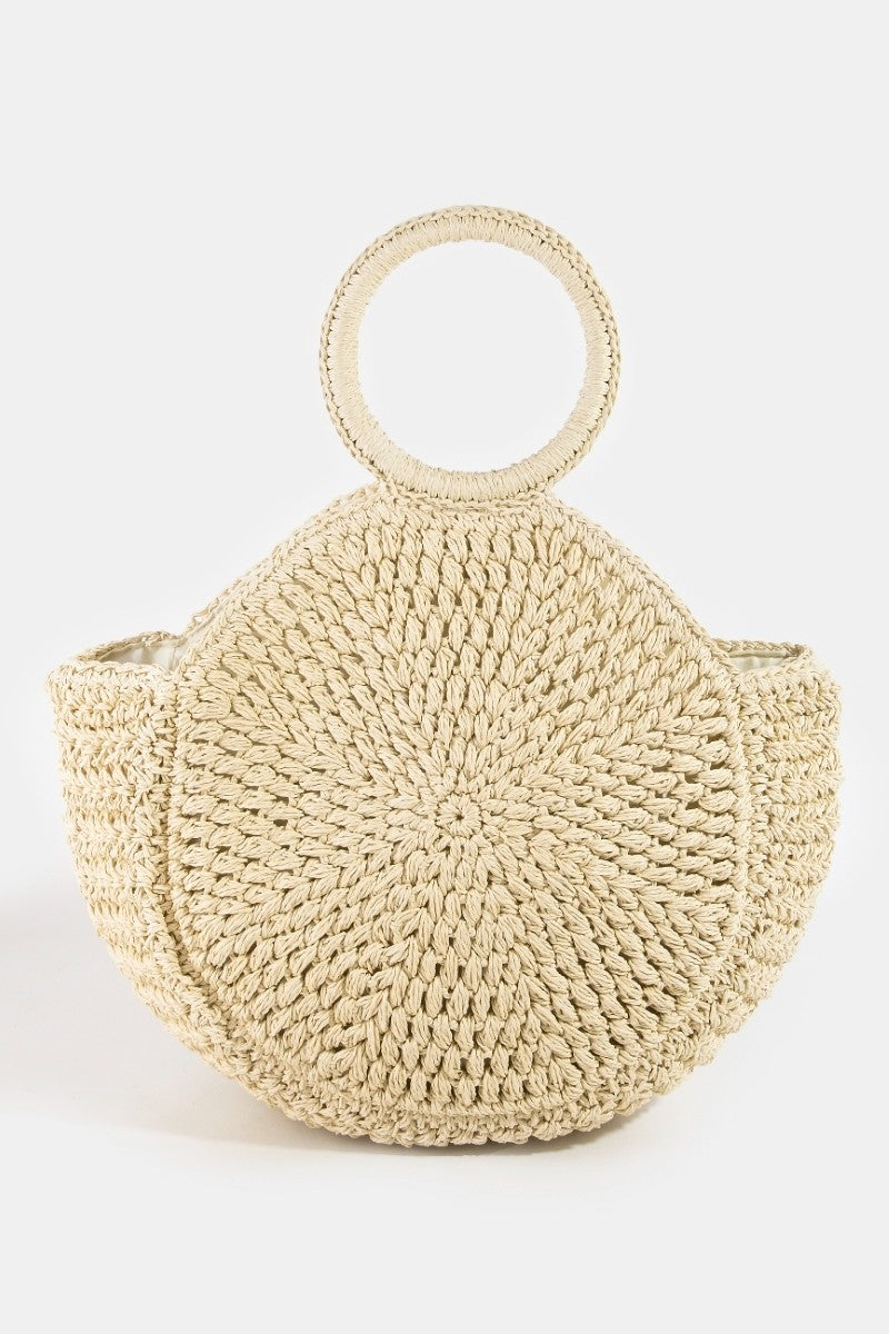 Fame Circle Handle Circle Straw Braided Hand Bag