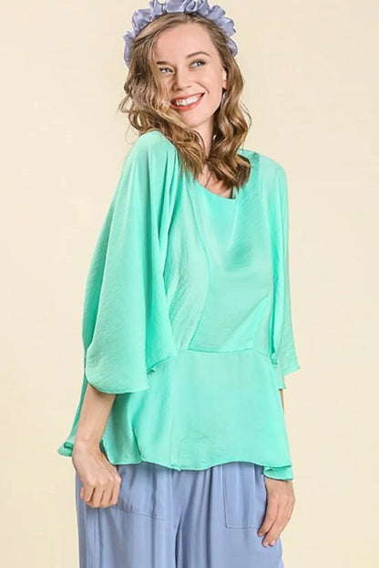Umgee Full Size Satin Pleated Peplum Round Neck Blouse Plus Size
