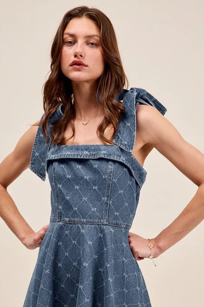 SO ME A Line Fit and Flare Diamond Bow Ribbon Denim Dres