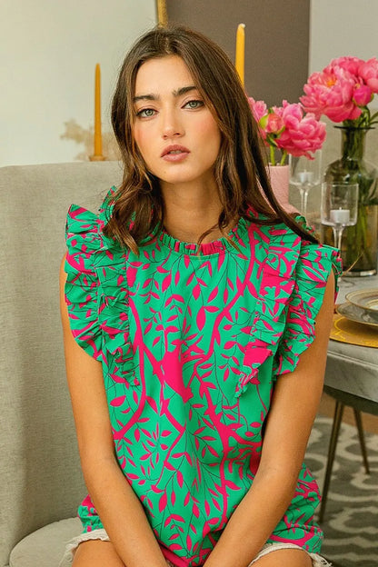 BiBi Leopard Leaves Print Woven Top