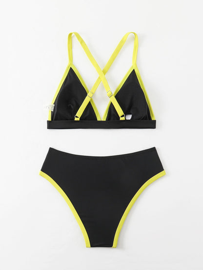 Women's Color Block Triangle Bikini Set, Crisscross Back Top & High Waist Bottom, 2 Piece Sporty Swimsuit