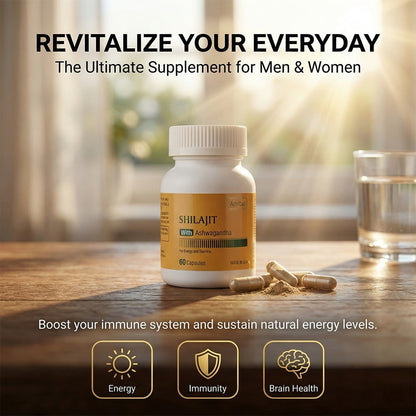 Shilajit Extract 550mg With Ashwagandha For Men And Women Energy, Stamina & Vitality Support And More, 60 Capsules
