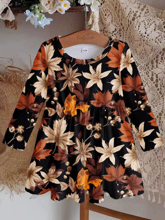 Children's Autumn Leaves Print Long Sleeve Dress