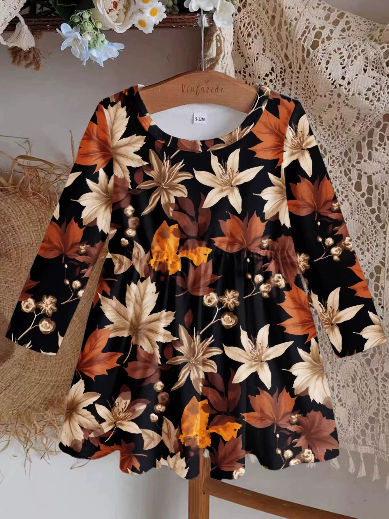 Children's Autumn Leaves Print Long Sleeve Dress
