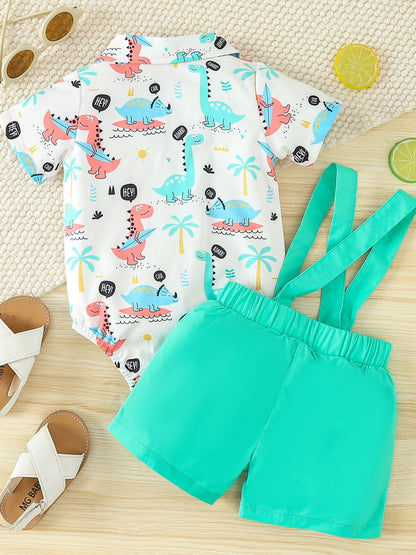Children's Dinosaur Print Bodysuit & Suspender Shorts Set