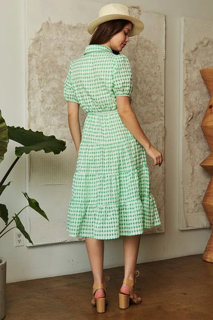 Davi & Dani Checkered Puff Sleeve Tiered Shirt Dress