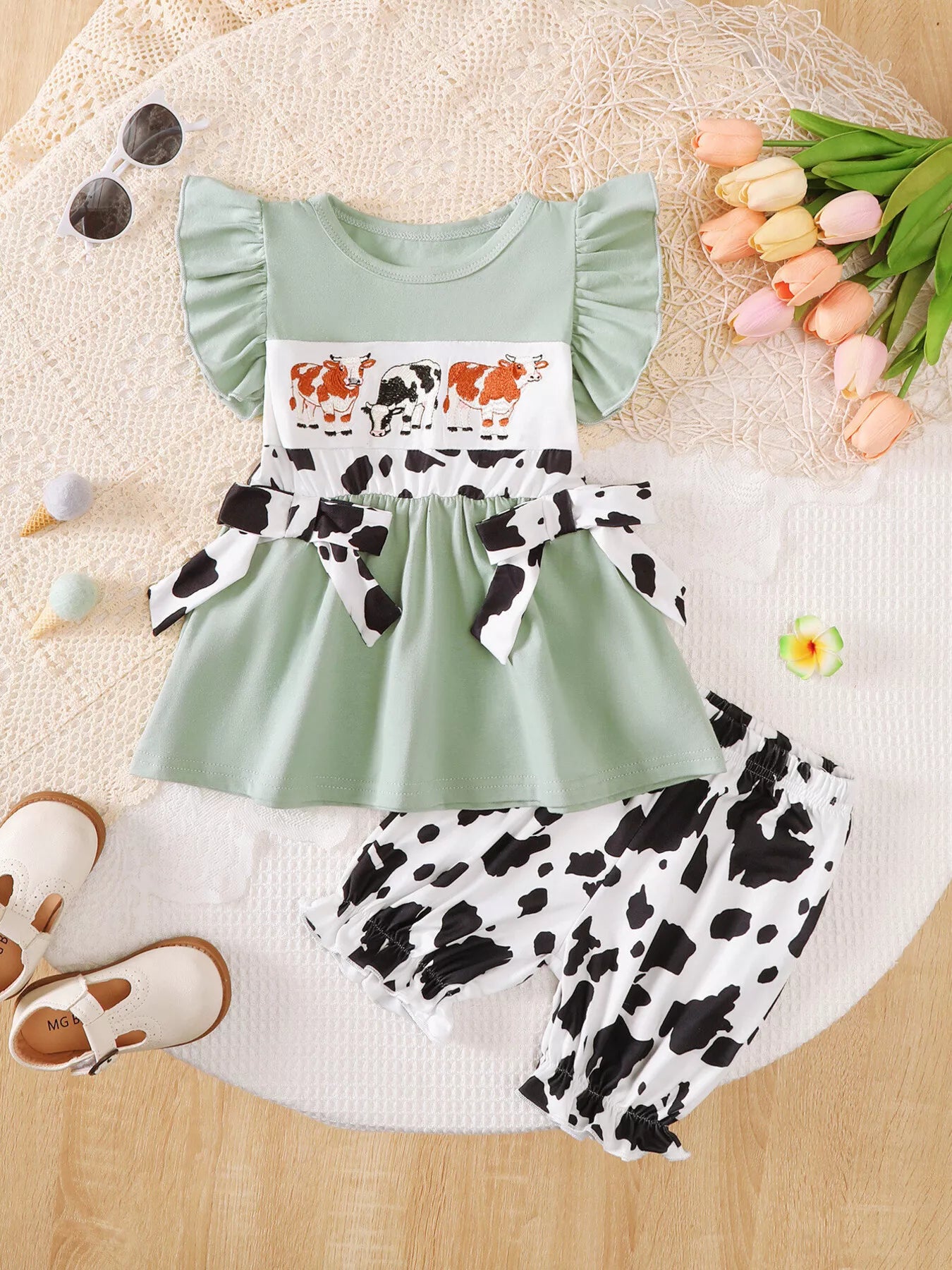 Children's Cow Print Ruffle Sleeve Top and Shorts Set