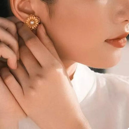 Floral Stud Earrings with Pearl Center