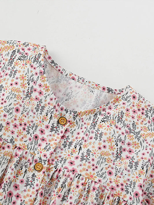 Children's Floral Print Button-Front Ruffle Sleeve Dress