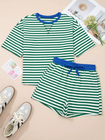 Stripe Boxy Tee and Drawstring Elastic Waist Shorts Set