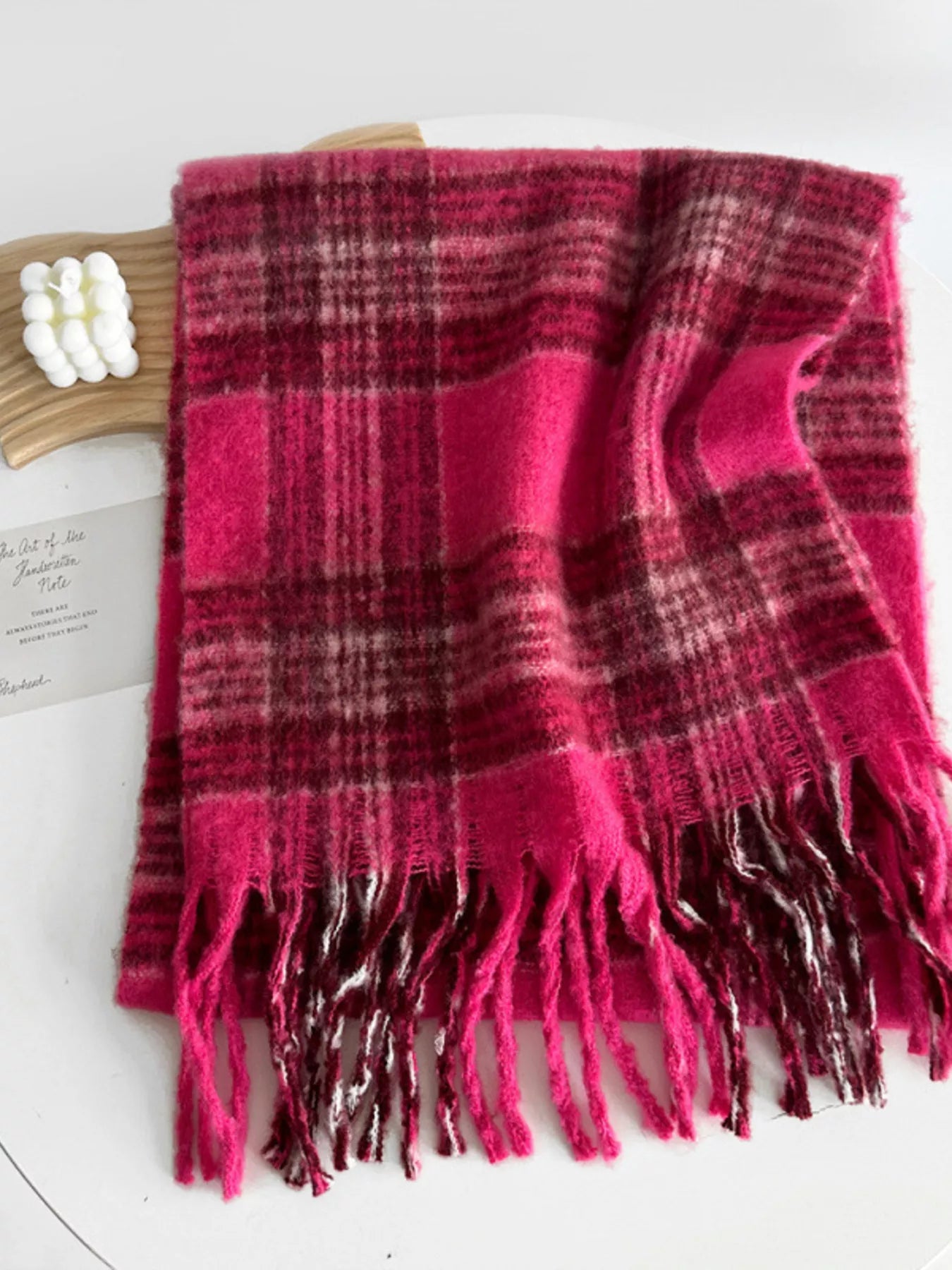Fuzzy Plaid Fringe Scarf