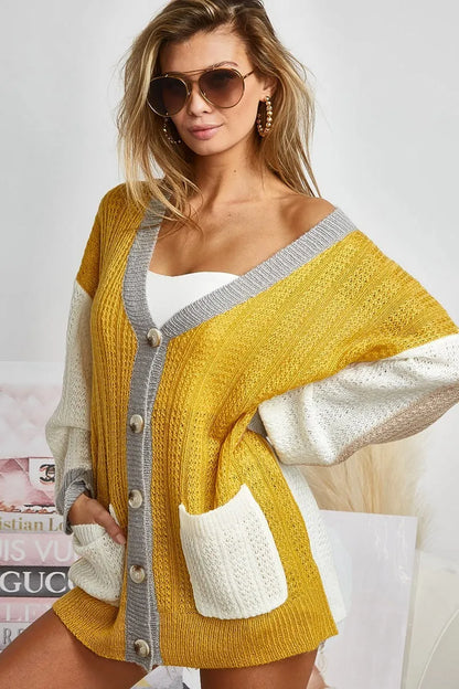 BiBi Color Block Sweater Cardigan with Button Closure