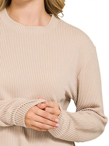 Zenana Full Size Raised Rib Round Neck Long Sleeve Top Plus Size