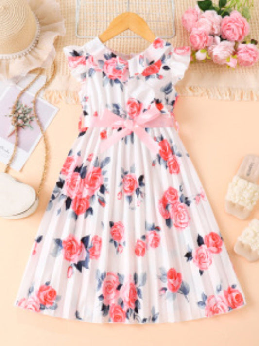 Children's Floral Print Ruffle Trim Bow Pleated Dress
