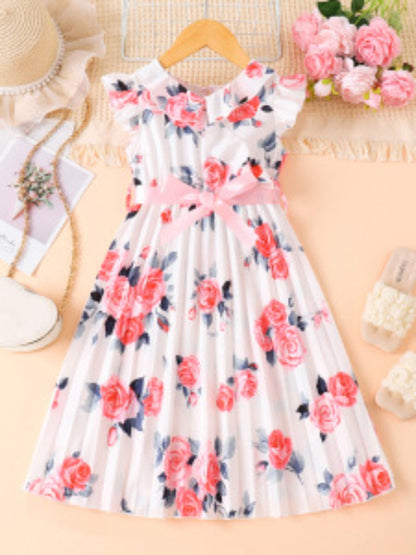 Children's Floral Print Ruffle Trim Bow Pleated Dress