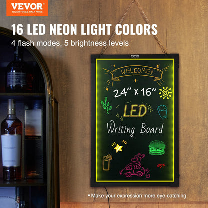 VEVOR LED Message Writing Board, Illuminated Erasable Lighted Chalkboard, Neon Effect Menu Sign Board, Drawing Board With 8 Fluorescent Chalk Markers And Remote Tested To UL Standards