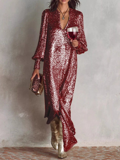 Sequin Notched Lantern Sleeve Maxi Dress