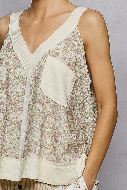 POL Floral V-Neck Tank with Front Pocket