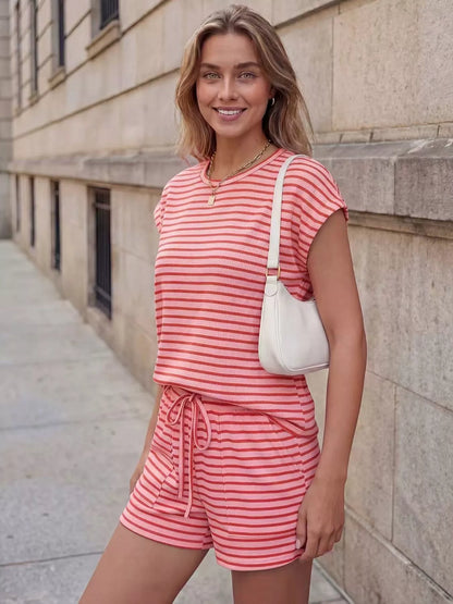 Striped Round Neck Tee and Shorts Set
