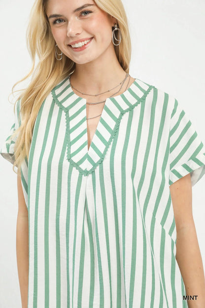 Umgee Mixed Stripe Split Neck Oversized Blouse