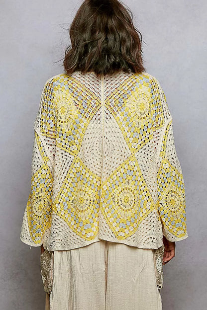POL Open Front Crochet Cardigan with Granny Square Pattern