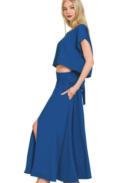 Zenana Heavy Woven Span Crop Tee & Skirt Set