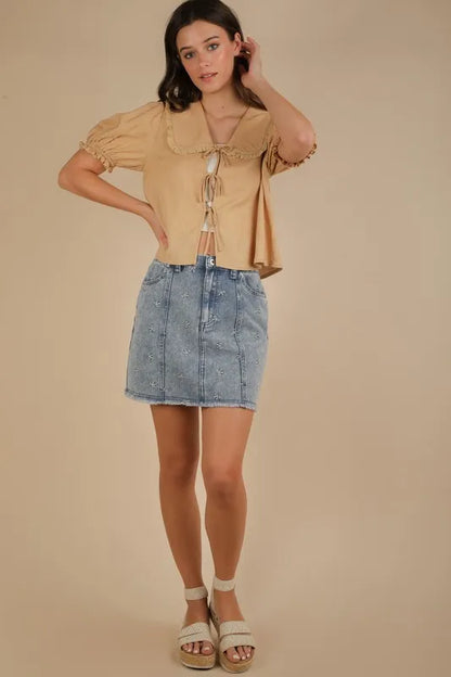 VERY J Bow Printed Casual Denim Mini Skirt
