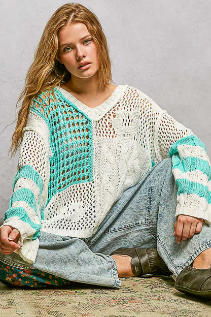 POL Color-Blocked Stripe Pattern Knit Top with Twisted Weave