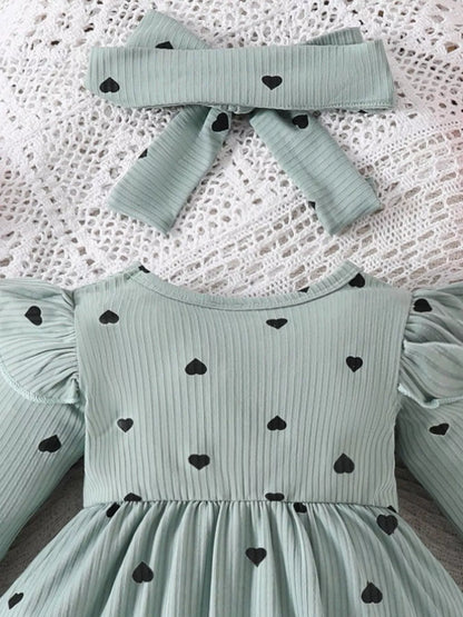 Children's Heart Print Ruffle Trim Bodysuit Dress with Headband
