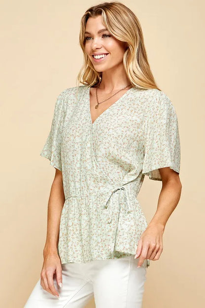 Lime 'N' Chili Ditsy Print V-Neck Short Sleeve Wrap Blouse