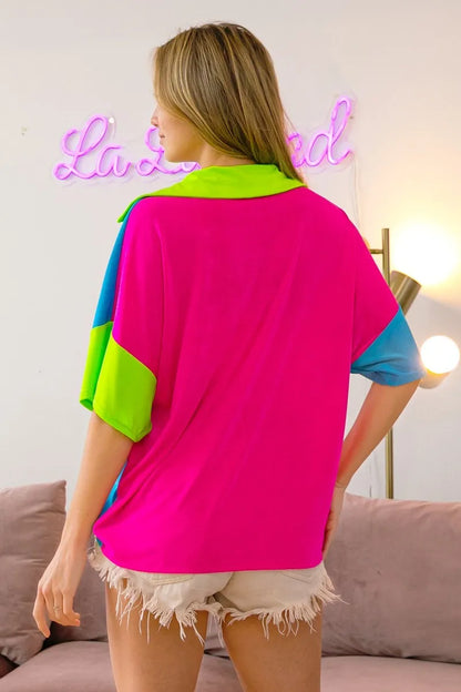 BiBi Slinky Knit Color Block V Neck Front Top