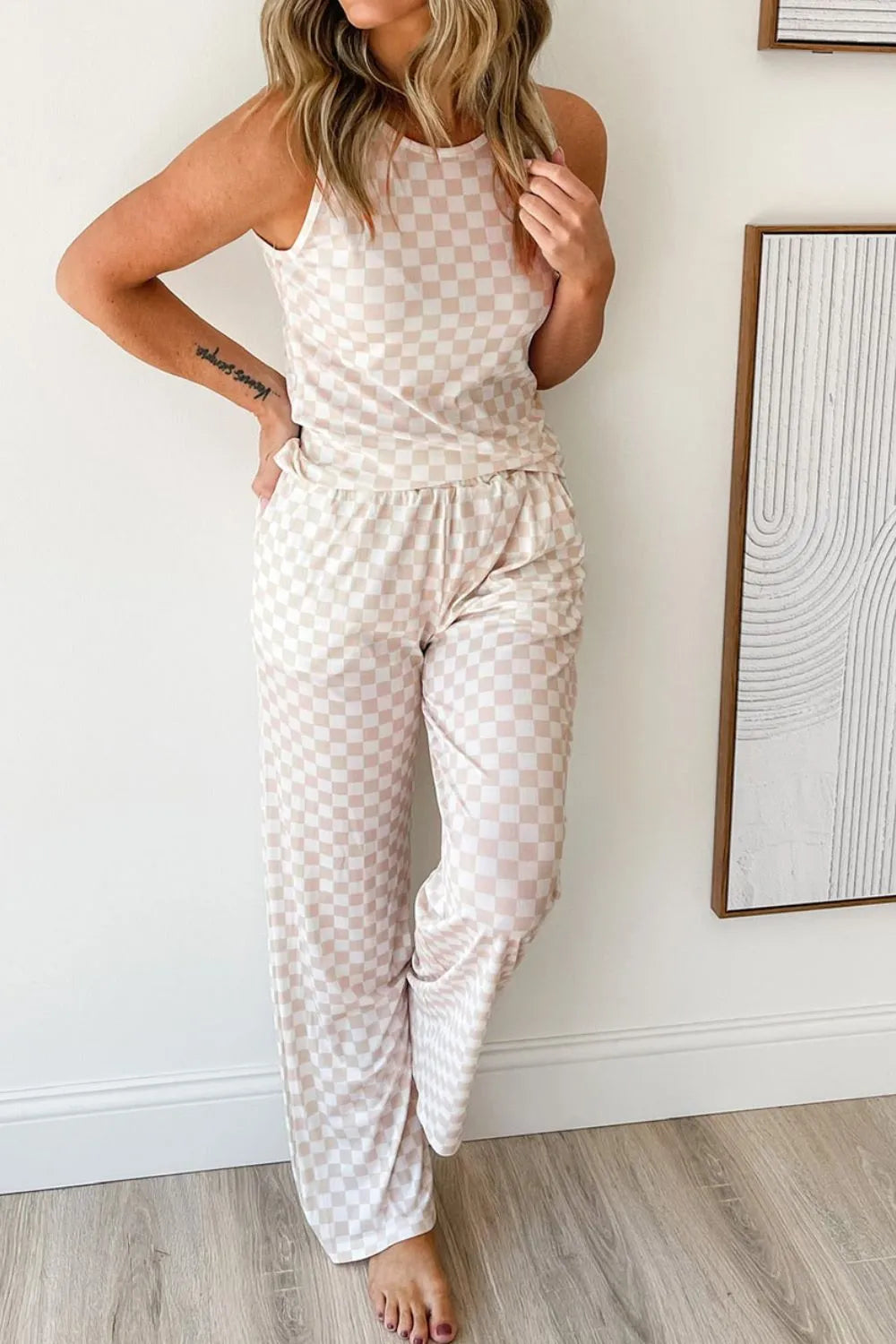 Ribbed Texture Checkered Print Tank and Pants Set