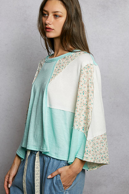 POL Exposed Seam Floral Patchwork Round Neck Textured Slub Knit Top