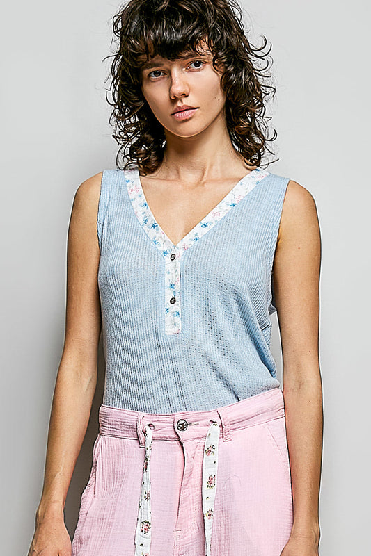 POL Ribbed V-Neck Tank with Contrast Floral Neckband