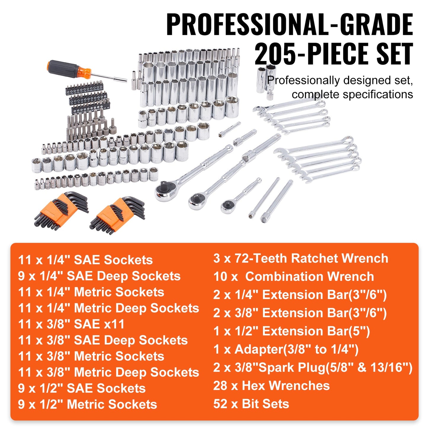 VEVOR Mechanics Tool Set And Socket Set,  Drive Deep And Standard Sockets, 205 Pcs SAE And Metric Mechanic Tool Kit With Bits, Combination Wrench, Hex Wrenches, Accessories, Storage Case