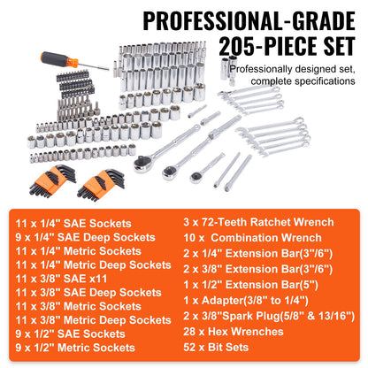 VEVOR Mechanics Tool Set And Socket Set,  Drive Deep And Standard Sockets, 205 Pcs SAE And Metric Mechanic Tool Kit With Bits, Combination Wrench, Hex Wrenches, Accessories, Storage Case