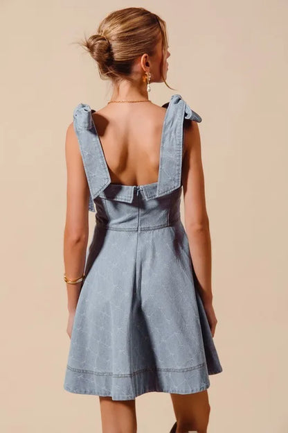 SO ME A Line Fit and Flare Diamond Bow Ribbon Denim Dres