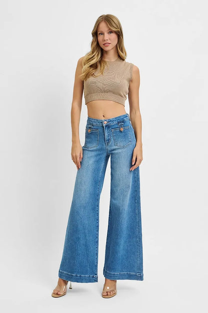 RISEN Full Size Mid Rise Wide Front Patch Pocket Jeans Plus Size