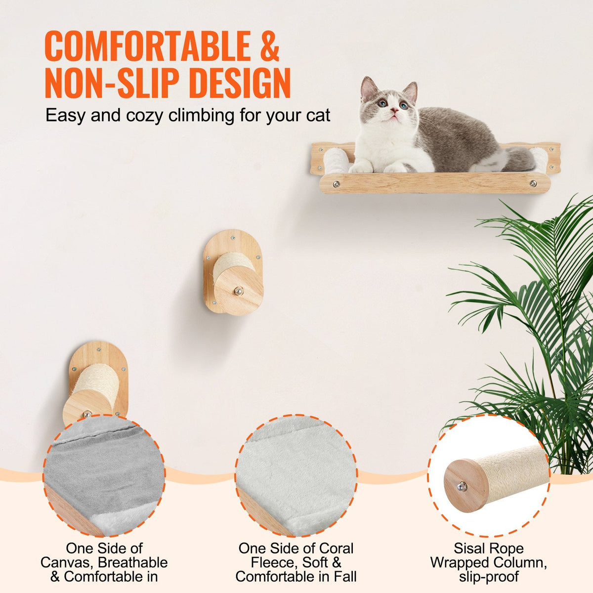 VEVOR Wall Mounted Cat Shelves With 2 Jumping Posts & 2 Hammocks Up To 40 Lbs