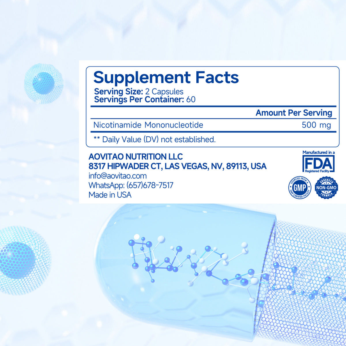 NMN Supplement 500mg Ultra Pure 99.8 Stabilized Form Supports NAD Production Cellular Health Healthy Aging 60 Capsules