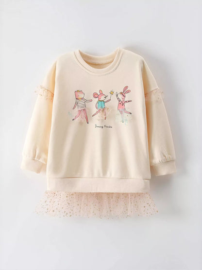 Children's Cartoon Animal Mesh Trim Sweatshirt