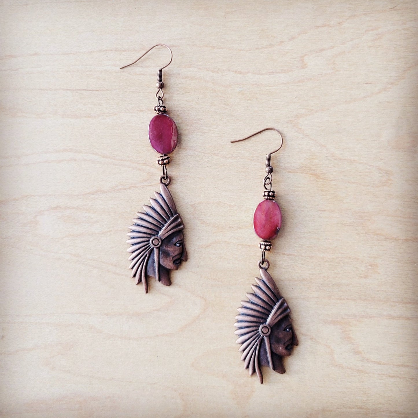 **Natural Pink Jade Earrings w/ Copper Indian Accent 225t