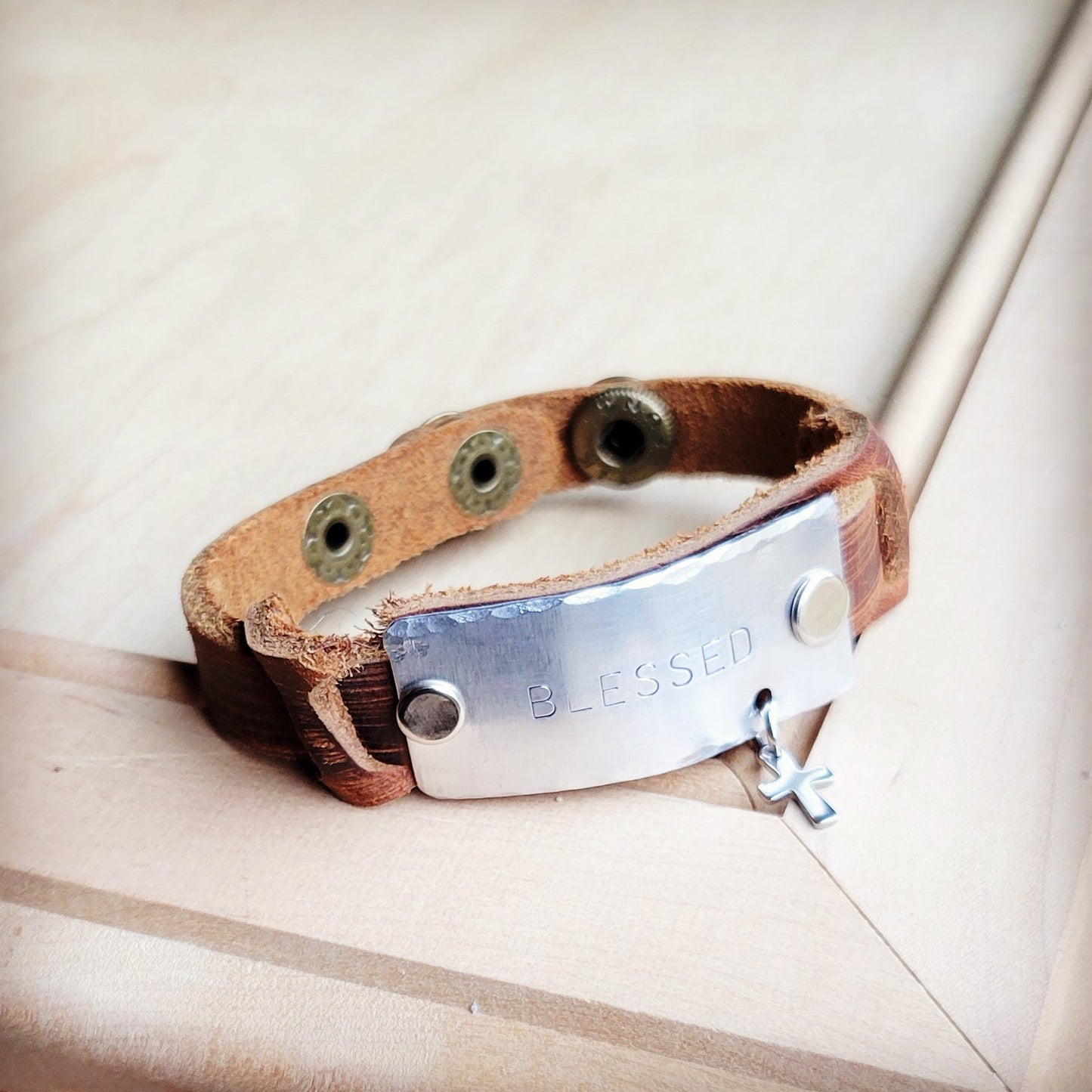 **Blessed Hand Stamped Genuine Leather Cuff 003b