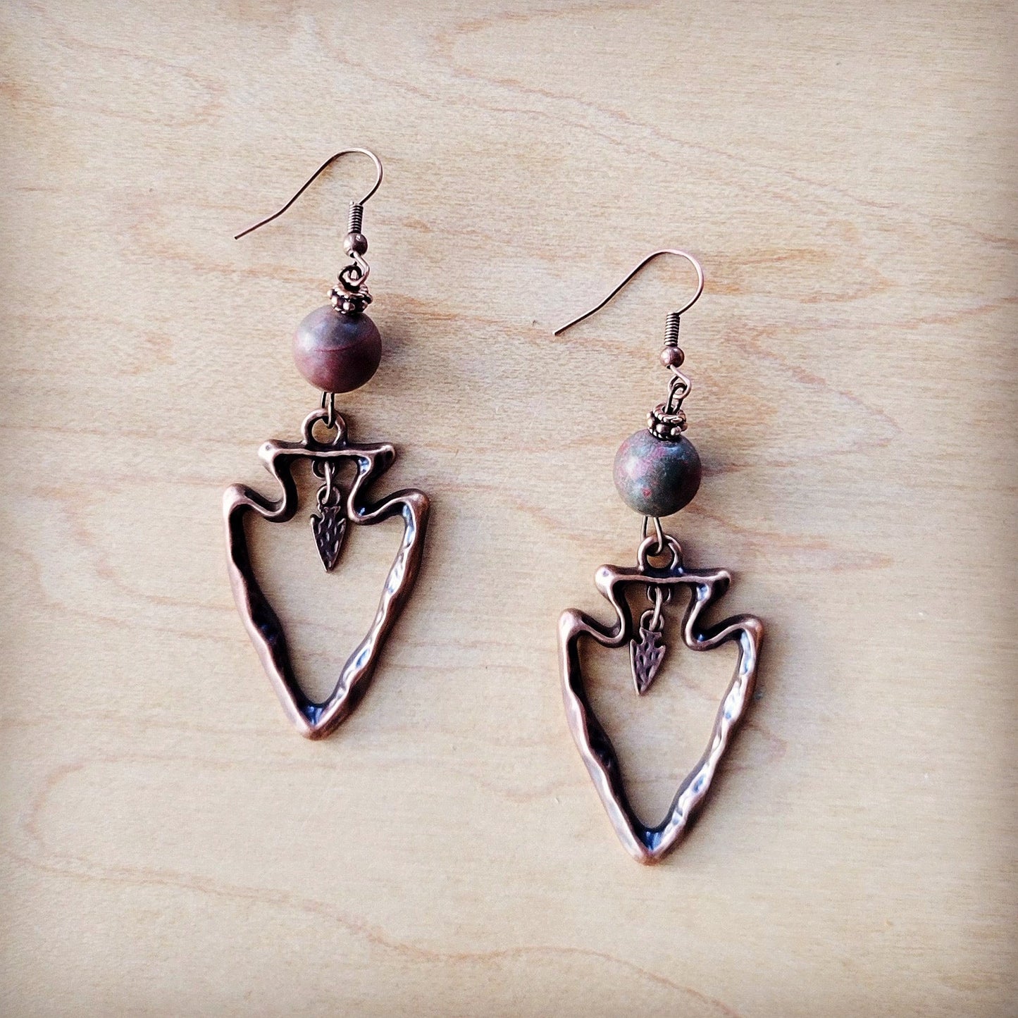 **Copper Arrow Earrings w/ Genuine Picasso Jasper Beads 225q
