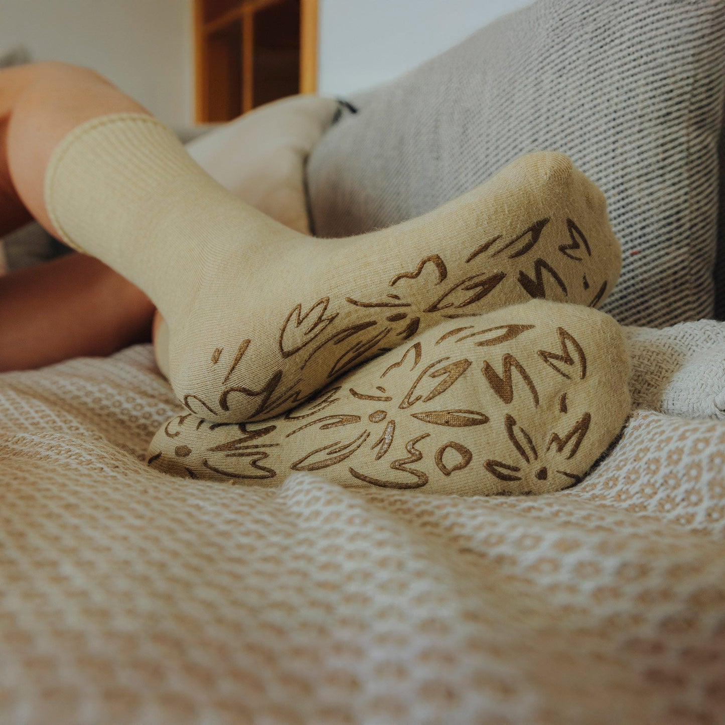 Serene Socks- Adult Organic Cotton Non-Slip Socks- 4 Seasons- Lemon- 2 Pairs