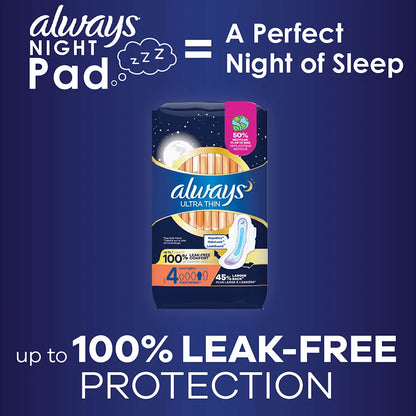 Always Ultra Thin Size 4 Overnight Pads With Wings, Unscented